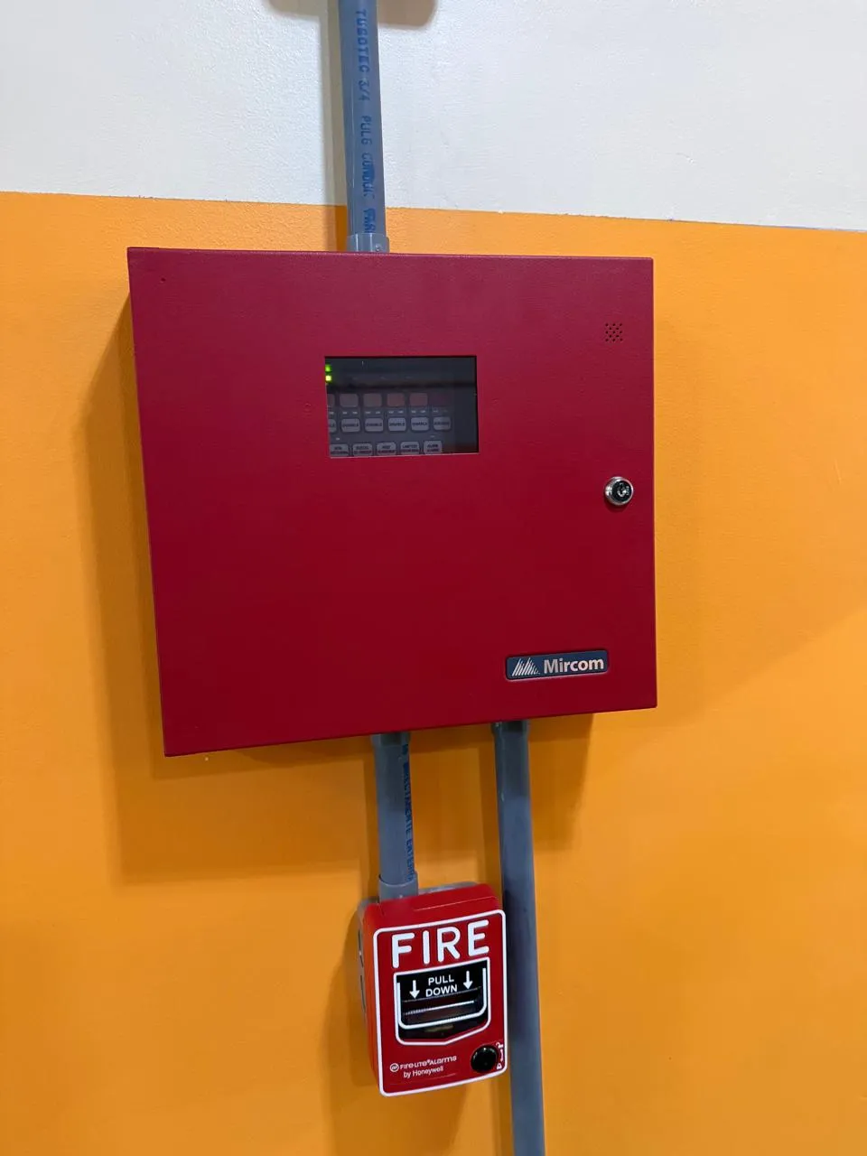 Panel de alarma contra incendios instalado en pared